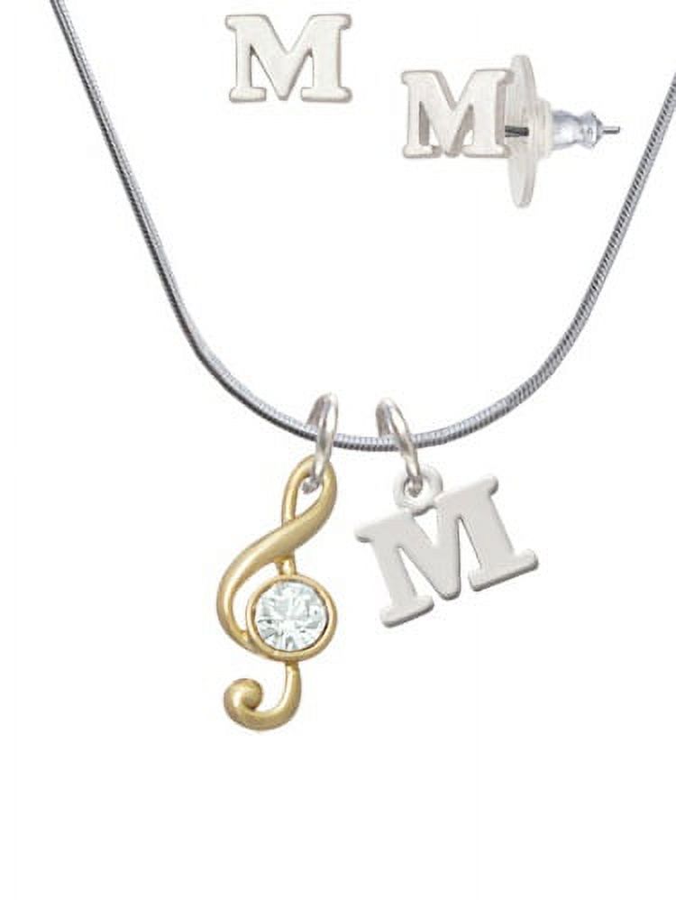 Medium Gold Tone Clef with Crystal - M Initial Charm Necklace and Stud Earrings Jewelry Set