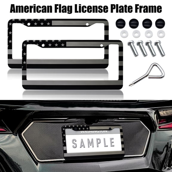 2X Universal For Most Vehicles Compass US American Flag Cab License Plate Frame Cover black