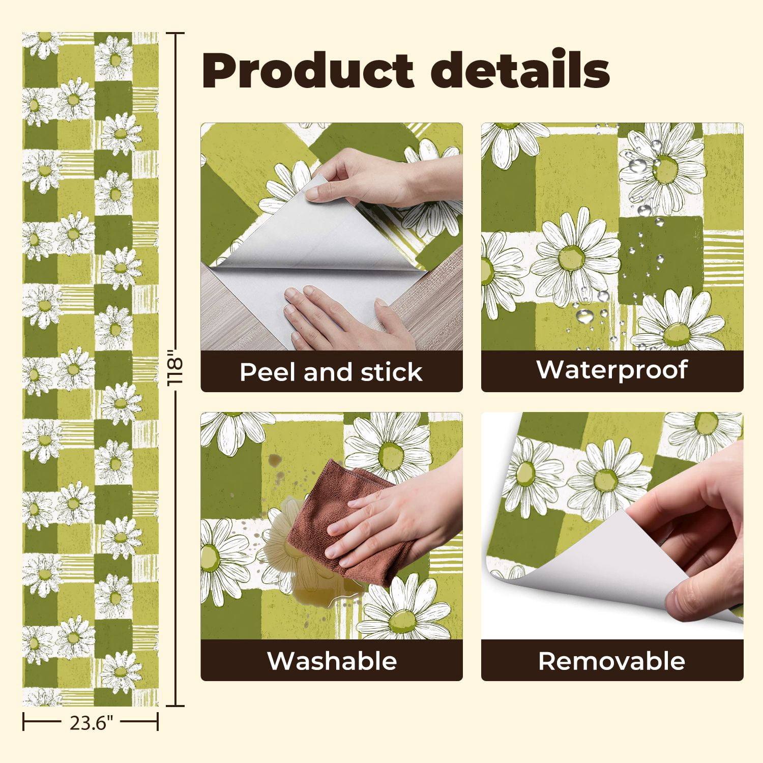 Sage Green Peel and Stick Wallpaper Green White Daisy Floral Stripes Squares Wall Mural 23.6in x 9.8ft Self Adhesive Removable Wall Paper Renter Friendly Wallpaper for Girls Bedroom