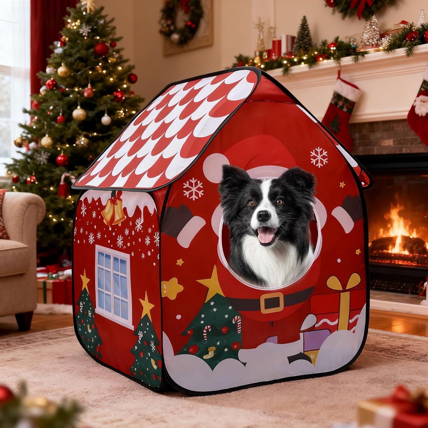 Foldable Indoor Dog House with Christmas Design, Portable Pet Shelter for Dogs, Ideal for Living Room & Bedroom Holiday Decor