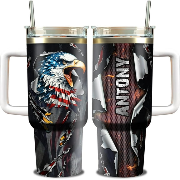 Personalized Eagle 40oz Tumbler with Handle and Straw Custom Name American Flag Tumblers Stainless Steel Insulated Cup Vacuum Travel Coffee Mug Gifts Birthday Fathers Day For Men Him