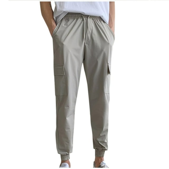 Dagugfen Mens Cargo Pants Drawstring High Waist Baggy Solid Color Lightweight Jogger Sports Trousers Pockets