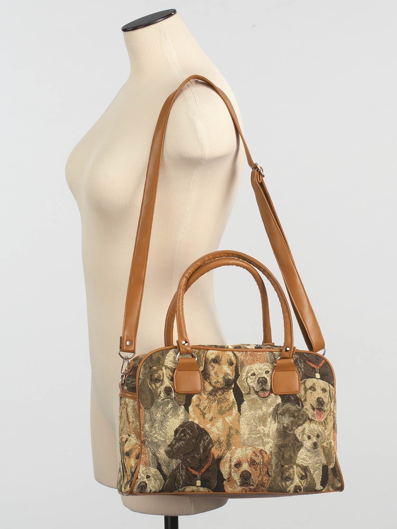 Animal Tapestry Barrel Handbag, Adjustable Straps, Zip Pocket and 2 Side Pockets, Silvetone Hardware - Measures 11" Wide x 8 3/4" High with 5 1/4" Gusset, Dog Design