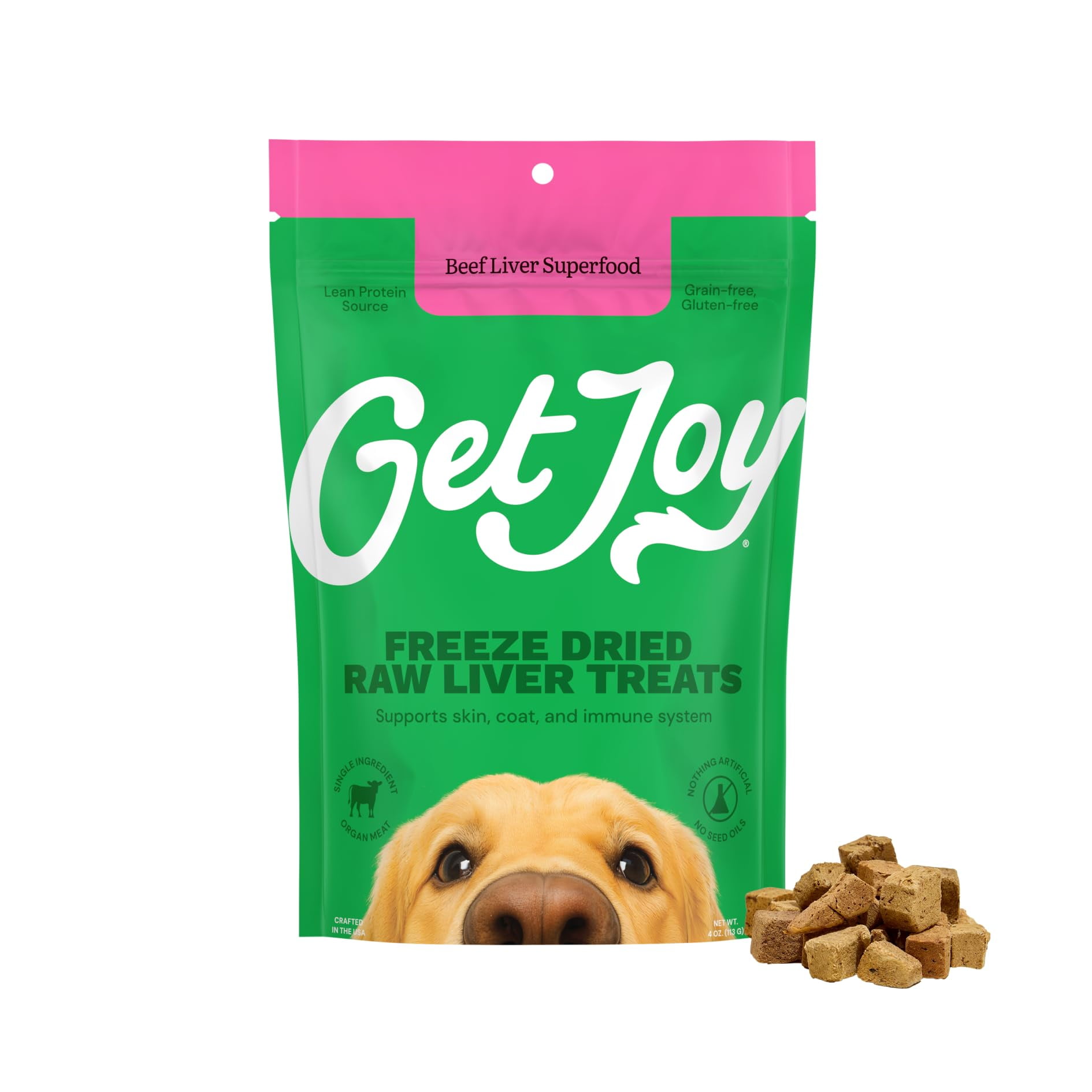 Get Joy Freeze Dried 100% Beef Liver Dog Treats, 4oz | Single Ingredient Organ Meat, High Protein Raw Dog Food Topper, Snack & Training Rewards | Grain Free, Gluten Free, Filler Free