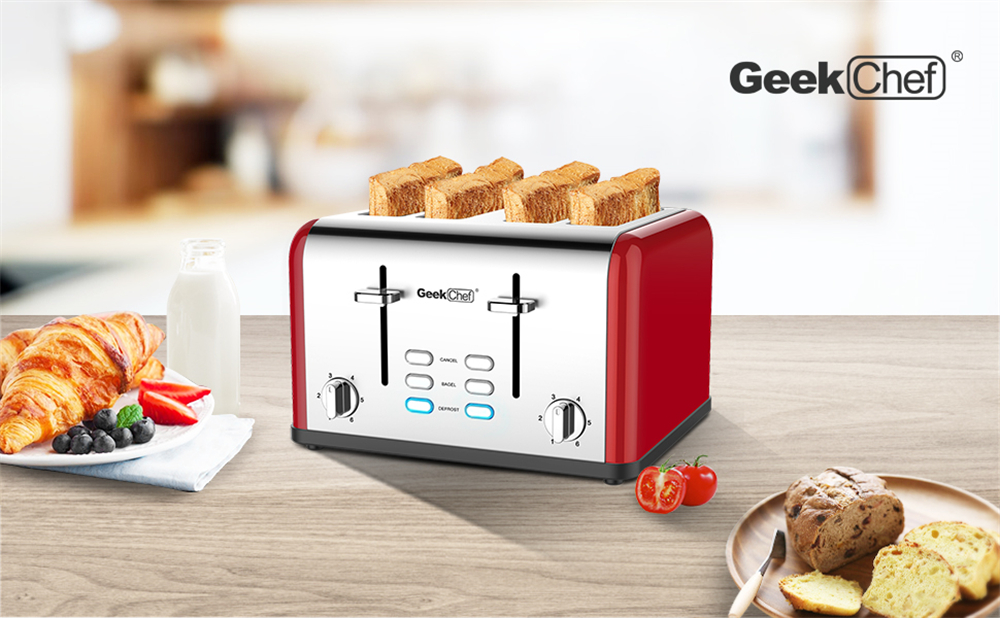 Latady Toaster 4 Slices, Geek Chef Stainless Steel Extra-Wide Slot Toaster, Dual Control Panel with Bagel/Defrost/Cancel Function, 6 Shade Settings For Baking Bread, Detachable Crumb Tray