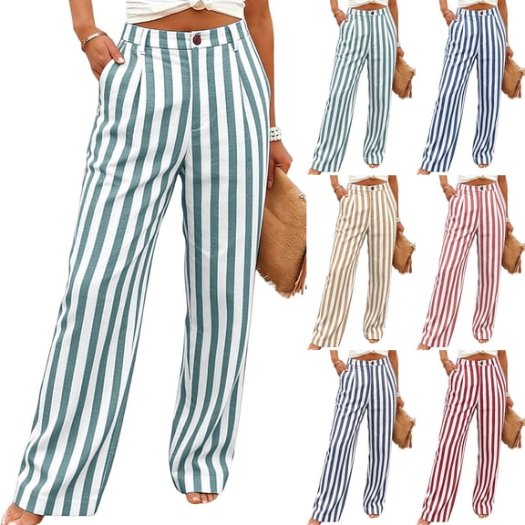 Favoffer Women's Straight Leg Pants Stripe Solid Color Pocket Button Waist Loose Casual Long Trousers Lightweight Bottom for Commute Outdoor Walking