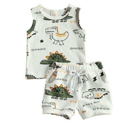 

Wallarenear 2Pcs Baby Boy Dinosaur Print Tank Tops Elastic Drawstring Shorts Pants