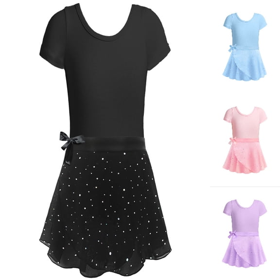 QHFBli Girls Short Sleeve Ballet Leotard with Skirt, Kids Sequined Dance Ballet Leotards for Girls Black 3-4 Years