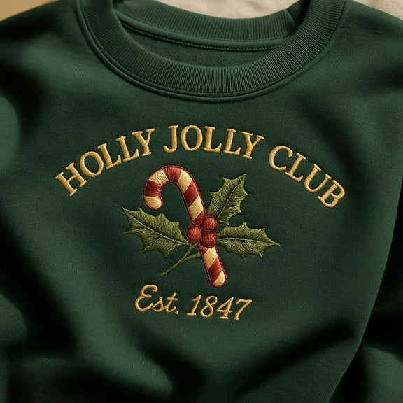 Holly Jolly Club Embroidered Sweatshirt, Candy Cane and Holly Crewneck, Christmas Festive Jumper Est 1847, Winter Holiday Top