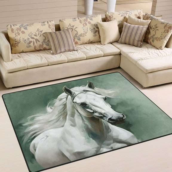 Horse White Area Rug Washable 80 x 58 Floor Carpet Mat Non Slip for Bedroom Living Room Home Decor