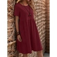thumbnail image 4 of Womens Summer Cotton Linen T Shirt Dress Casual Loose Fit Crewneck Short Sleeve Midi Dresses with Pockets Wine Red XL, 4 of 5