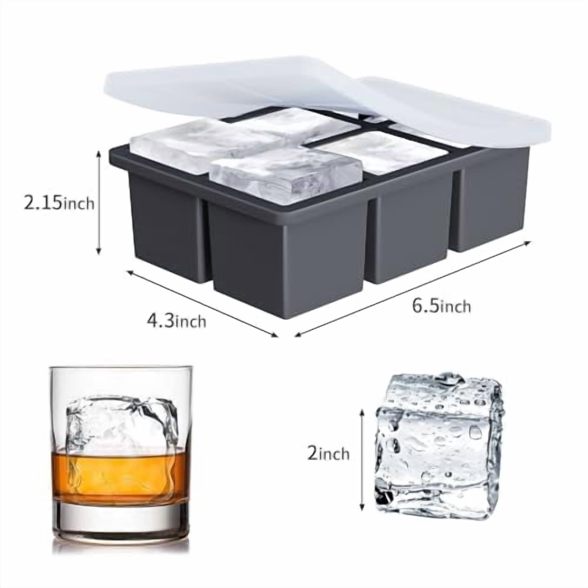 Large Silicone Ice Cube Trays with Lid, 2-Pack Big Square 2-Inch Ice Cube Molds for Whiskey and Cocktails, Perfect for Old Fashioned Drinks and Making Huge Slow-Melting Ice Cubes