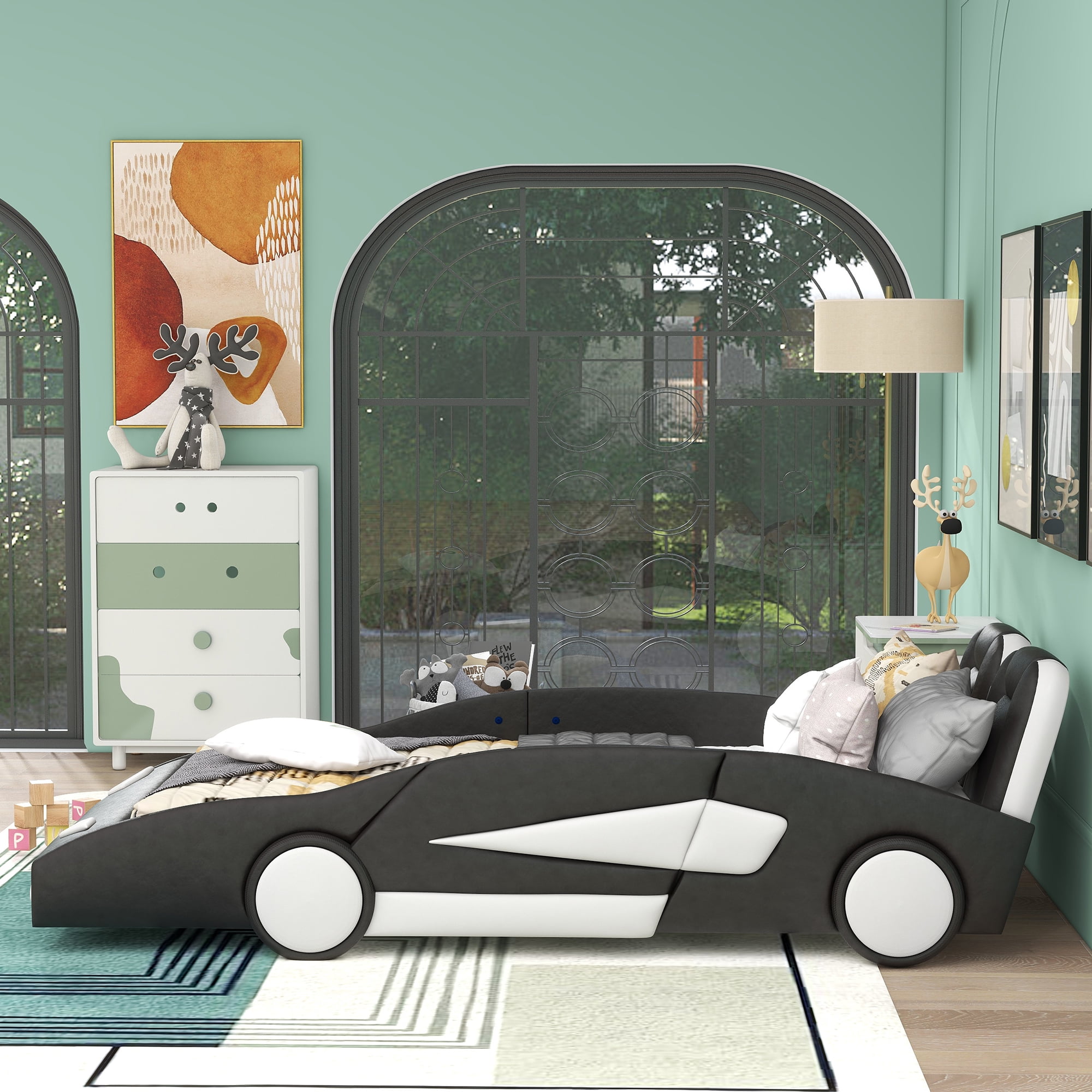 Euroco Modern Wood Race Car-Shaped Twin Platform Bed for Kids Teens Bedroom, Upholstery PU Leather Car Bed for Kids Gift, Black