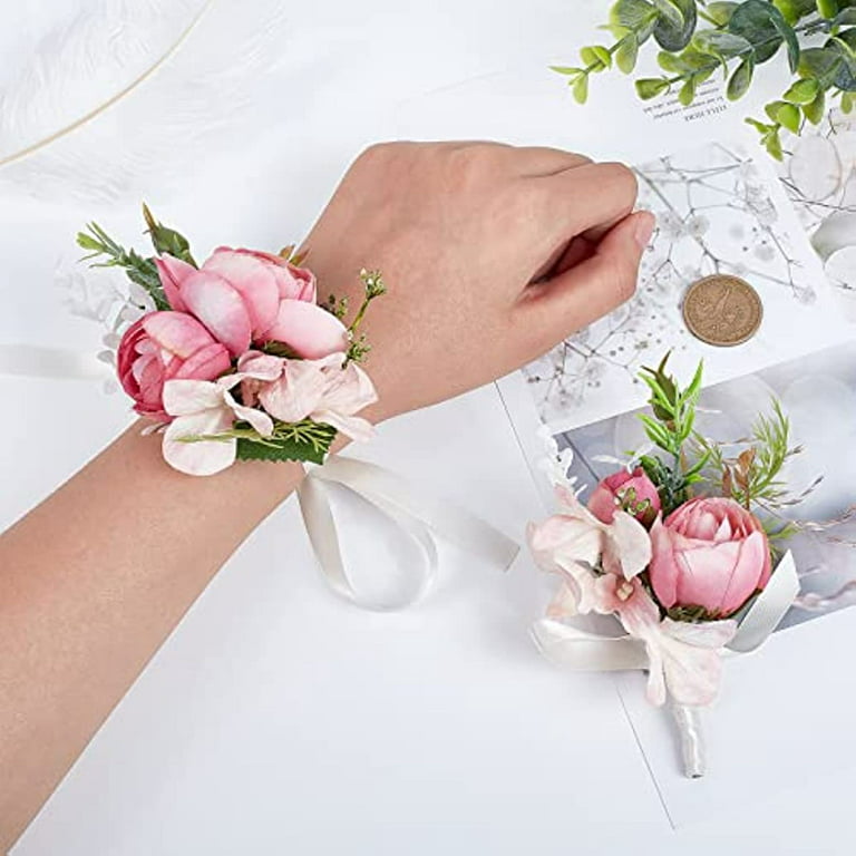 2PCS Wrist Corsage and Boutonniere Set Red Rose Wrist Corsage Bracelets  Bride Bridegroom Bridesmaid Corsage Wrist Silk Artificial Flowers for  Wedding