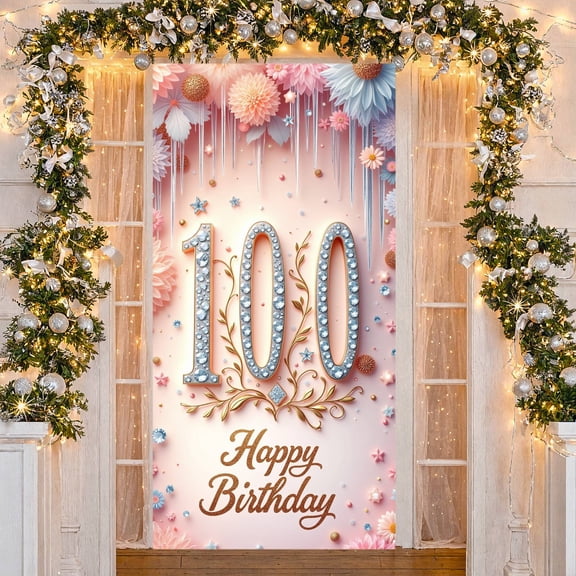 Rose Gold Happy 100th Birthday Banner Diamond-embellished 100th Birthday Backdrop Sparkly Centennial Birthday Background for 100-Year-Old Birthday Party Senior Birthday Celebration Indoor Birthday