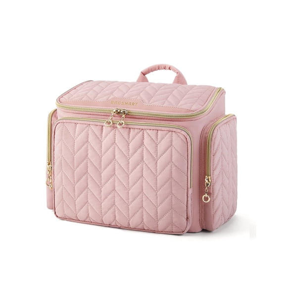 BAGSMART Travel Toiletry Bag, Large Wide-open Travel Bag for Toiletries, Makeup Cosmetic Travel Bag with Handle, Pink