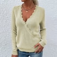 thumbnail image 2 of Suéter con cuello en V para mujer, elegante ribete de encaje, color sólido, suave y cómodo, jersey de punto, Top albaricoque L, 2 of 6
