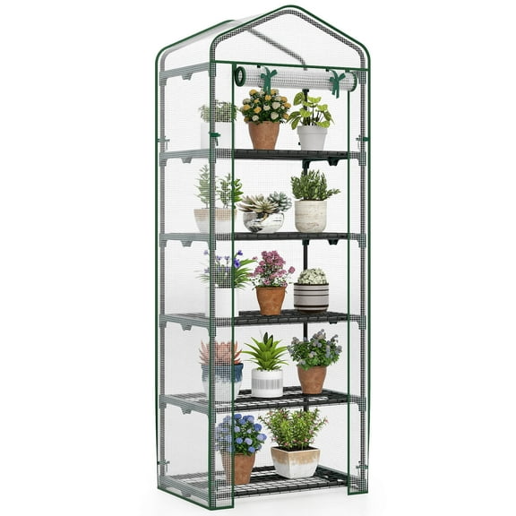 Costway 69” x 48” x 75” Mini Greenhouse with 5 Tier Shelves, PE Cover, Roll-Up Zipper Door White