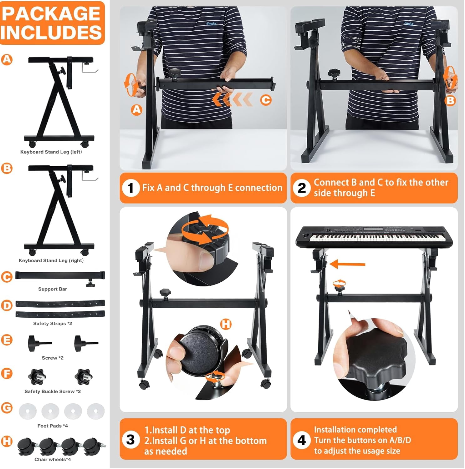 Style Adjustable and Portable Heavy Duty Music Stand with Wheels-Fits 54-88 Key Electric Pianos-Sturdy Musical Keyboard Stand for Practice & Performance