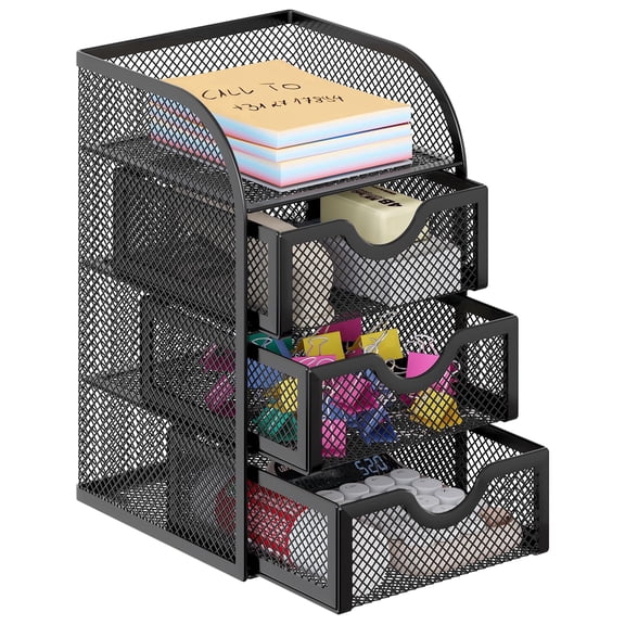 Mesh Desk Organizer with 3 Drawers, Multi Compartment Stationery Caddy, Desktop Storage for Office Home Students, Black