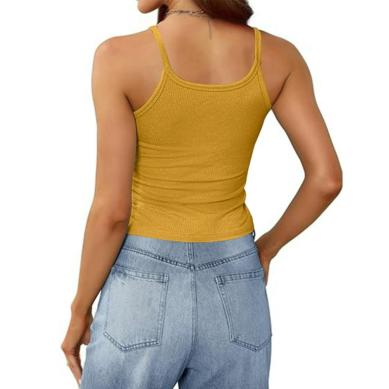 WHLBF Womens Tank Tops Yellow Summer Camisole, Round Neck, Solid