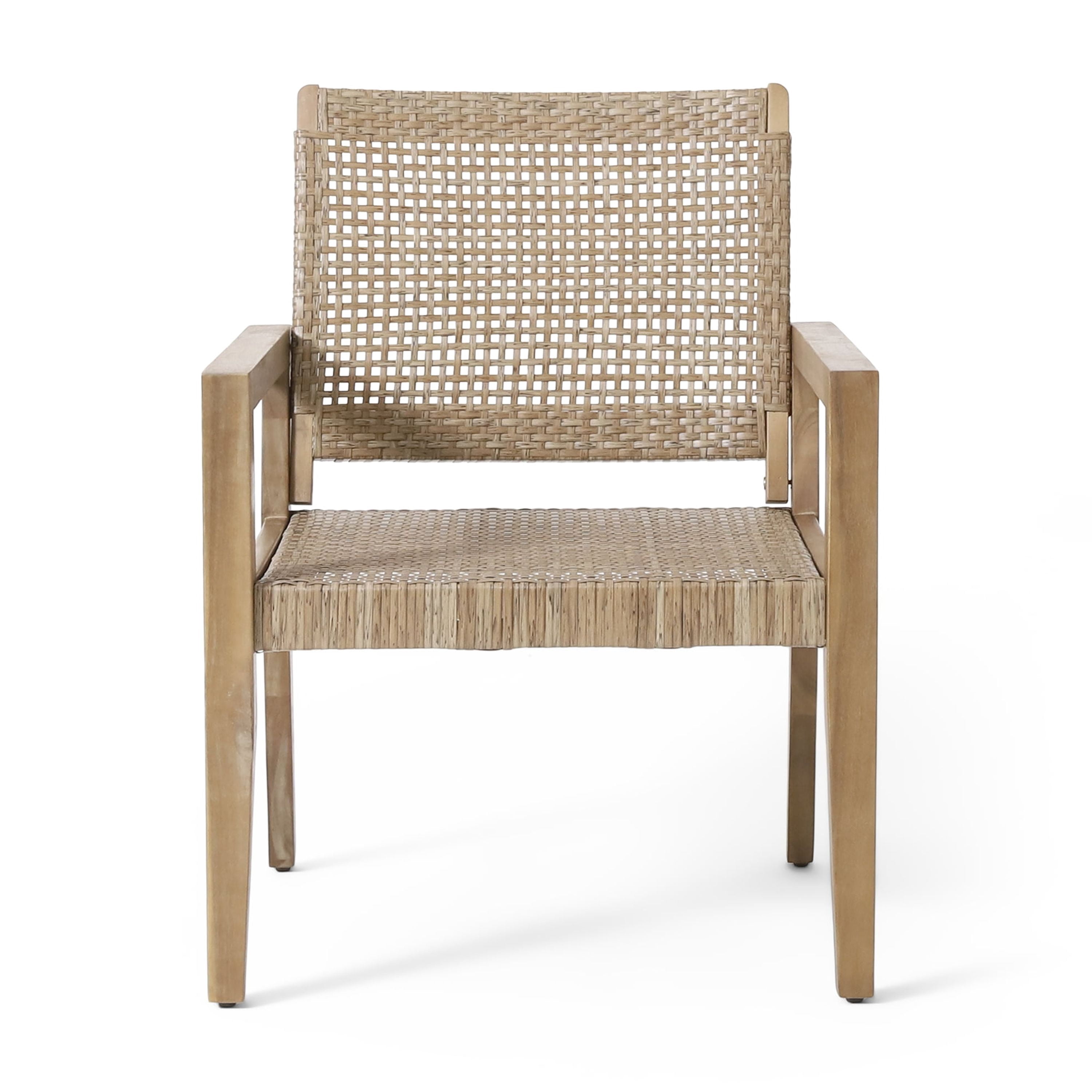Outdoor Single Seat Chair Set of 2, Combined Wicker and Acacia Wood Structure for Patio Garden, Light and Light Brown