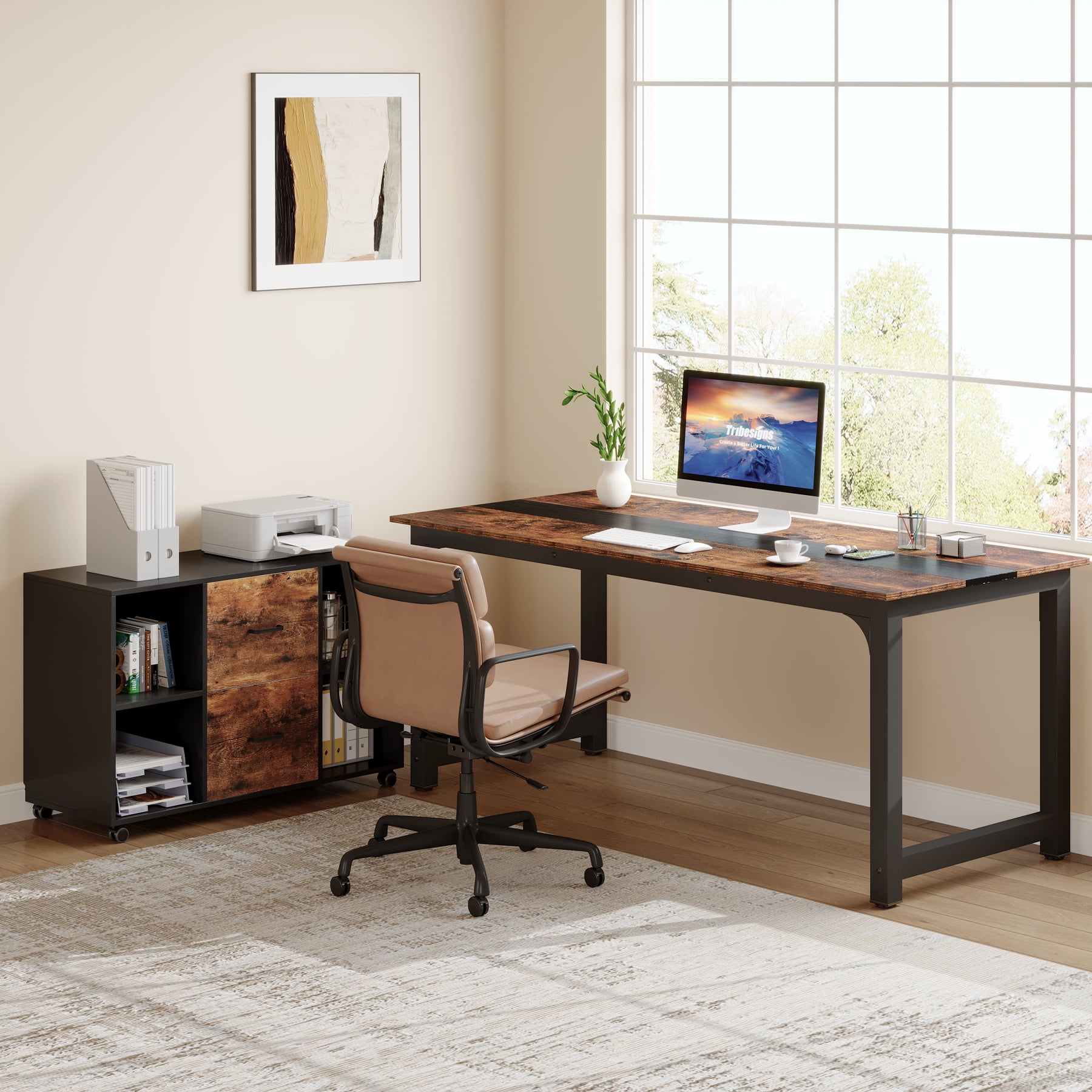 Tribesigns Executive Computer Desk with File Cabinet, 71-inch Home Office Desk with Filing Storage Drawer Cabinet, Brown & Black