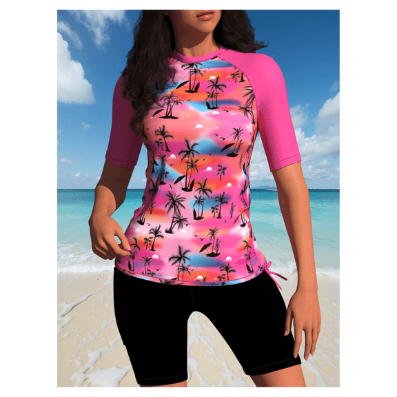 Women's Rash Guard Pink Palm Print - Long Sleeve Surf Shirt UPF 50 Quick-Dry Swim Tee for Water Sports, Beach, Snorkeling & Exercise