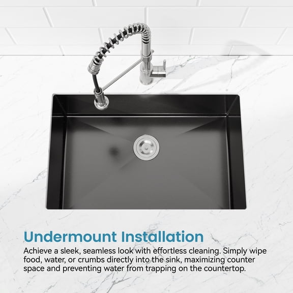 Boyuevi Stainless Steel Kitchen Sink, 33″x19″ Single Bowl, Undermount Handmade Sink in Black, with US Standard Drain and Hook
