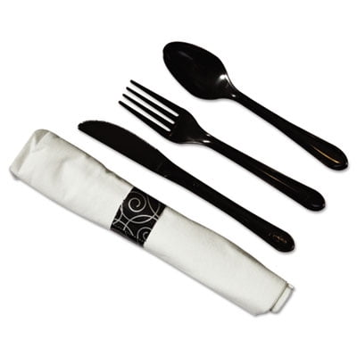CaterWrap Heavyweight Cutlery Combo, Fork/Spoon/Knife/Napkin, Black, 100/Carton CaterWrap Heavyweight Cutlery Combo, Fork/Spoon/Knife/Napkin, Black, 100/Carton
