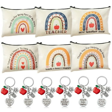 6pcs Boho Rainbow Canvas Cosmetic Bag with 6pcs  Keychain Set For Teacher's Day Gift