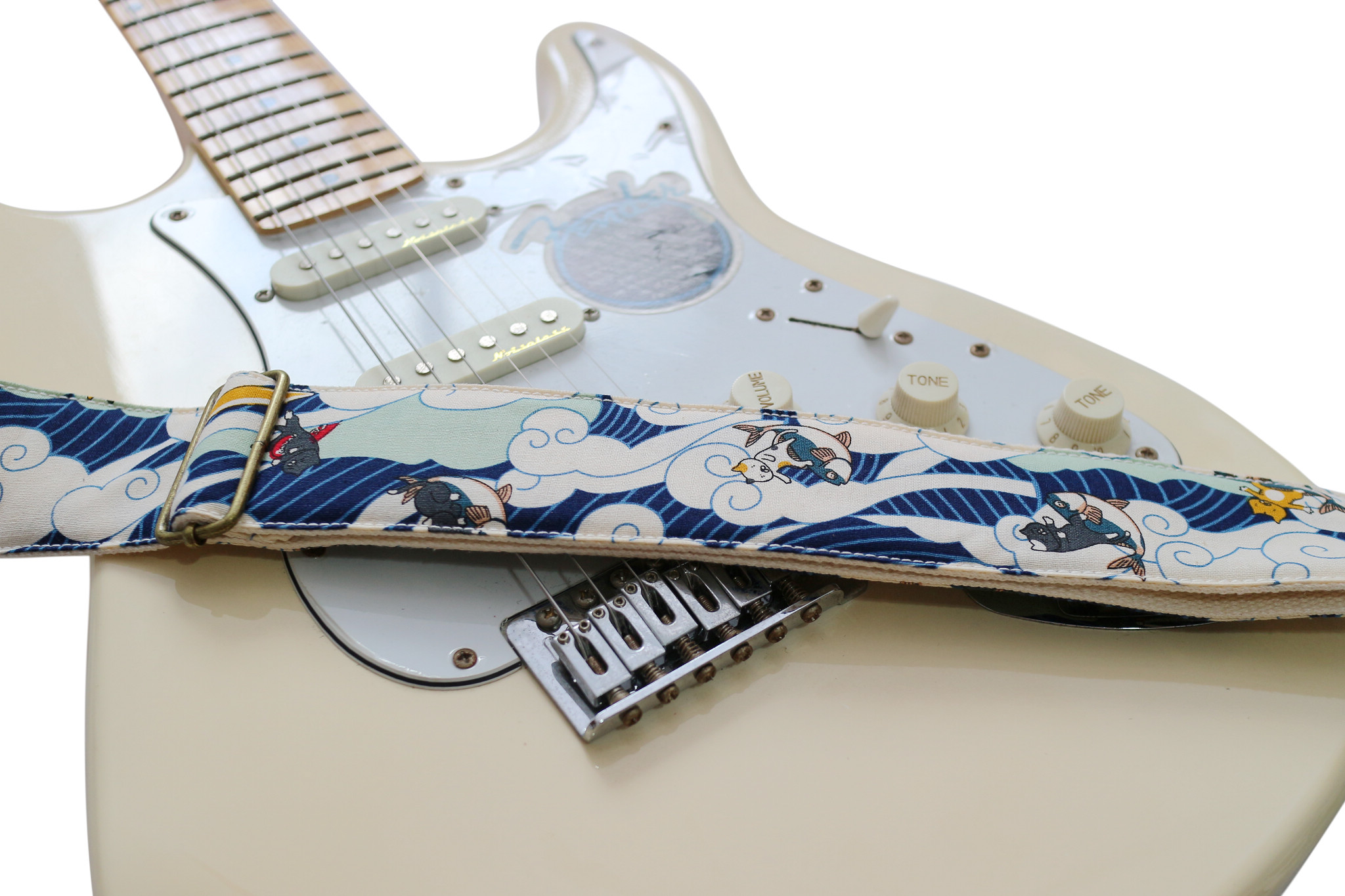 MUSIC FIRST Original Design, 2 inch width (5cm), Vintage Ukiyoe Style"Surfing Cat" Electric Guitar Strap