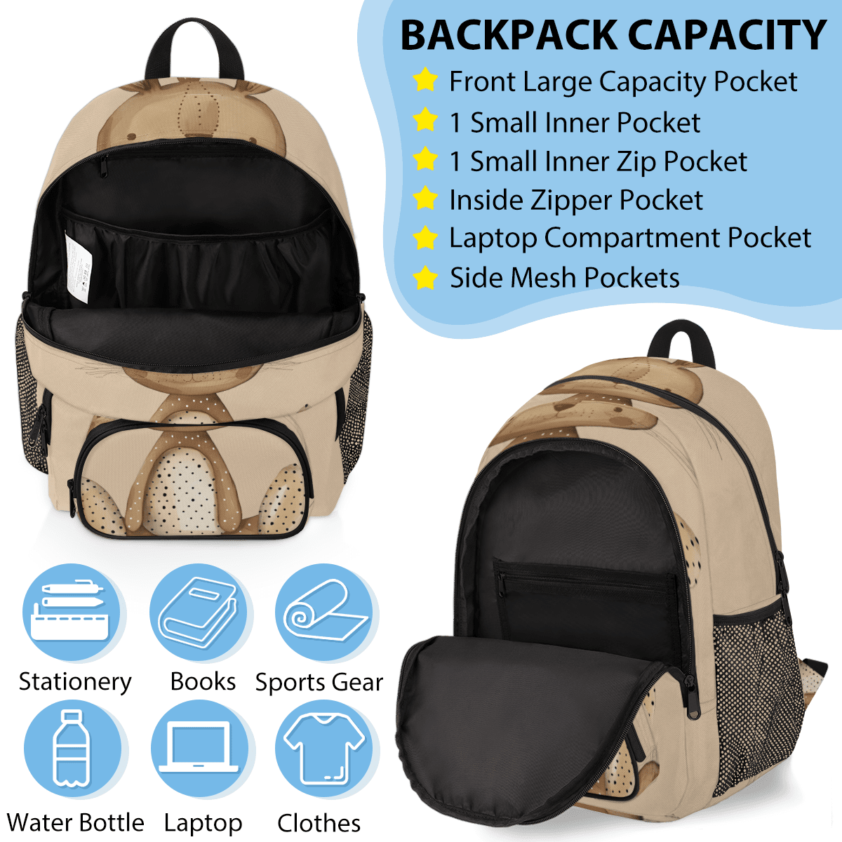 Herdesigns Cute Bunny Large Backpack Set with Lunch Box Lightweight Water Resistant Travel Laptop Backpacks Casual Daypacks for Women Men