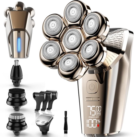 Afeitadoras Hexus para hombres calvos, afeitadora de cabeza desmontable para hombres calvos secos/húmedos, kit de afeitado eléctrico a prueba de agua IPX7 con pantalla LED y carga tipo C, color dorado