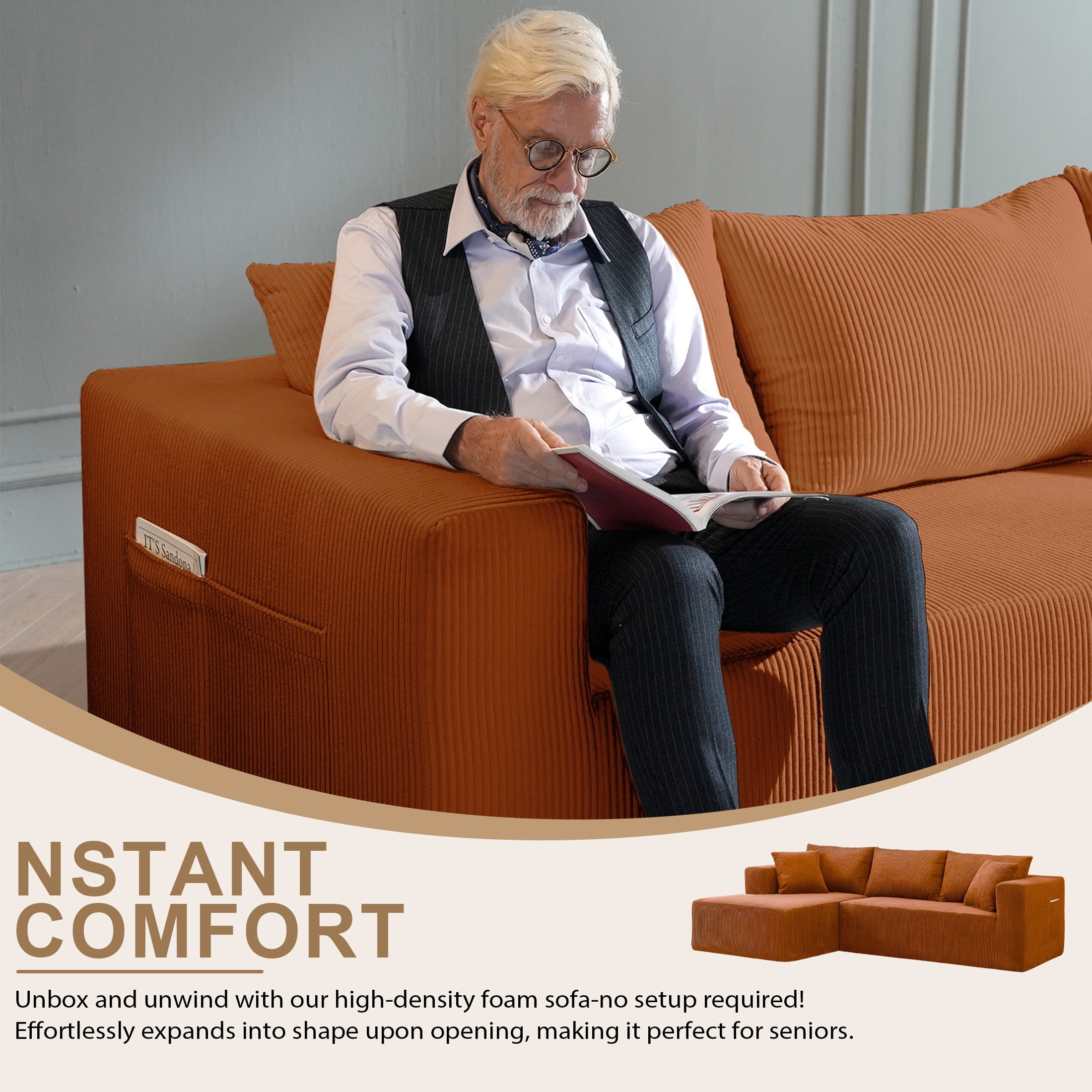 AENKYO 104'' Modular L-Shape Sectional Sofa with Chaise, Comfy Deep-Seat Cloud-Couch, Corduroy - Orange
