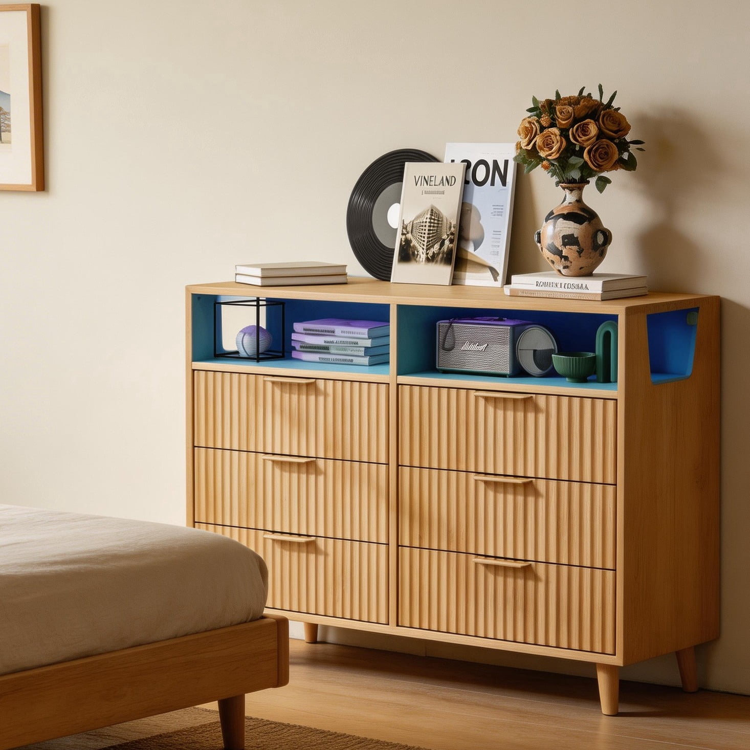 UBesGoo Fluted 6 Drawer Dresser with LED Lights, Modern Chest of Drawers Wood Dresser TV Stand, Double Dresser for Bedroom, Living Room, Hallway