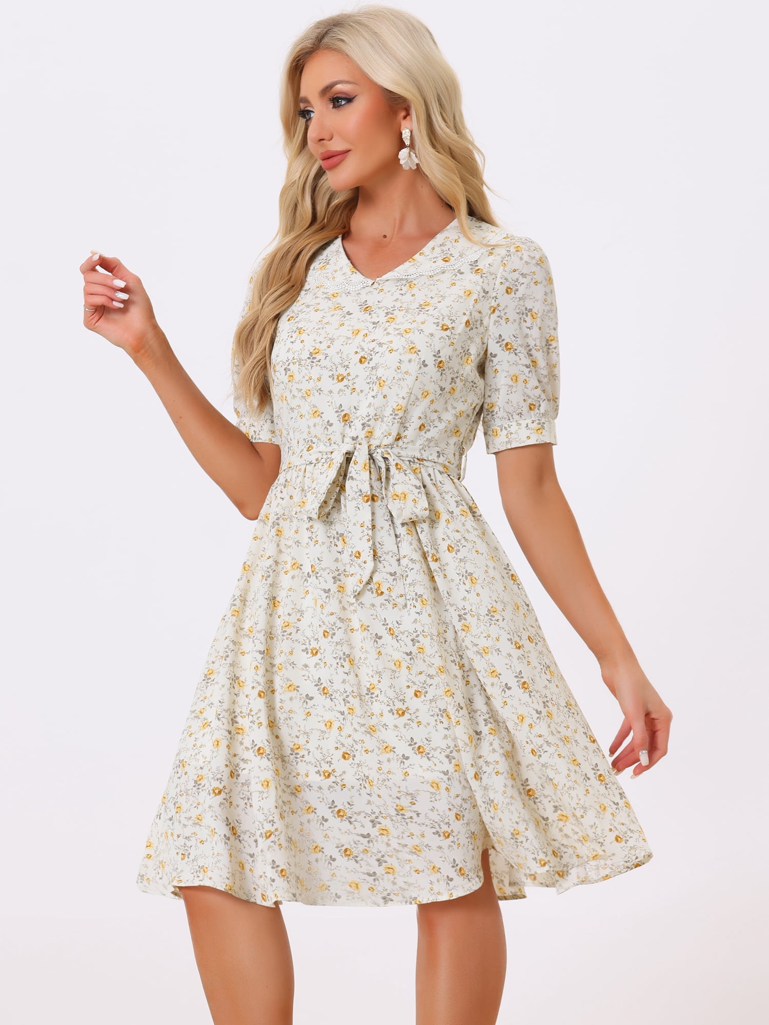 DARING DIVA Peter Pan Collar A-Line Flowy Midi Chiffon Floral Dress XL Light Yellow
