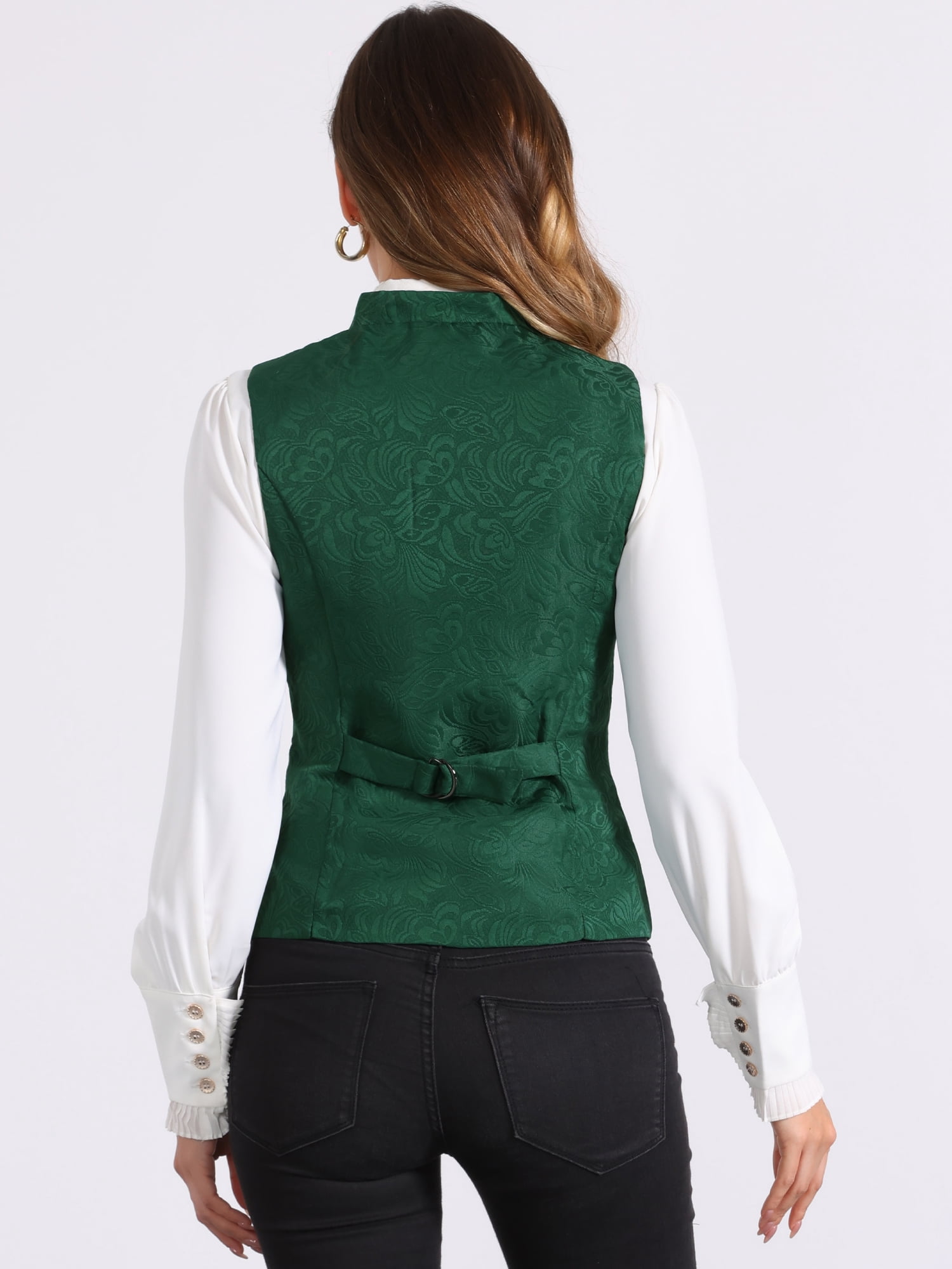 DARING DIVA Women's U Neck Jacquard Single Breasted Floral Gothic Waistcoat XL Green