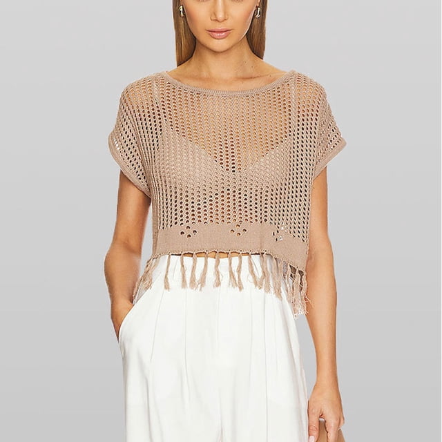 Tendance, Blouse Décontractée à Franges Manches Courtes Col Rond Ample pour Femmes, Tunique Découpée pour l'Été Style/acrylique, Kaki, Sopatenor