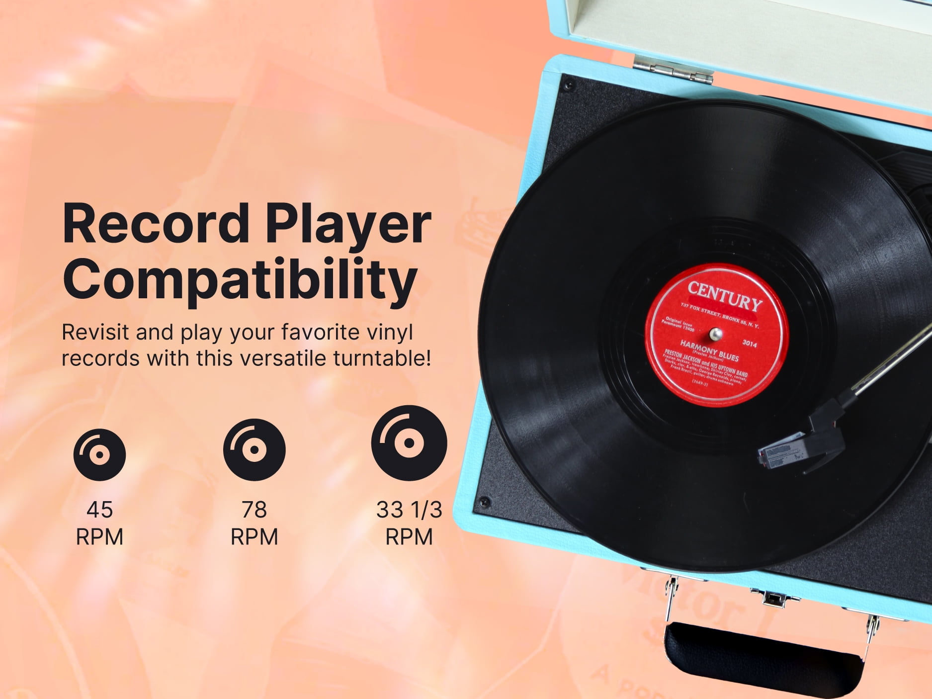 VICTOR Turntable Metro Portable Suitcase 3-Speed Player Record