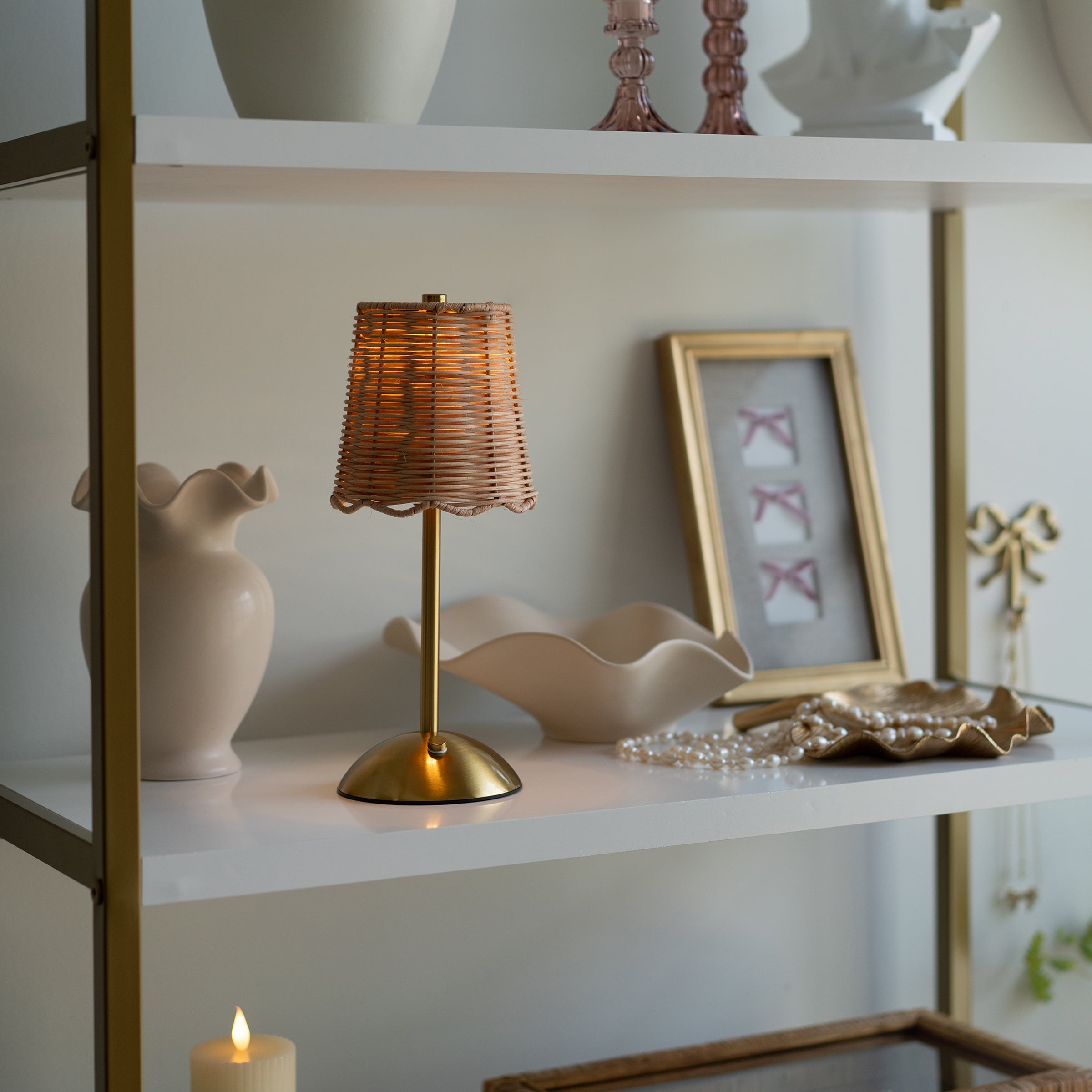 Home Decor Collection Sterling & Noble Home Cordless Indoor Rattan and Gold Colored Table Lamp with Touch Switch/Dimmer