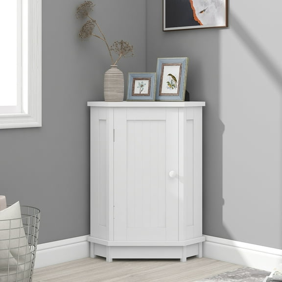 Bathroom Corner Storage Cabinet with Door, Wood Floor Standing Triangle Storage Organizer with 3-Tier Shelves, Home Space Saving Storage Cupboard for Living Room Bedroom Kitchen, White, D1610