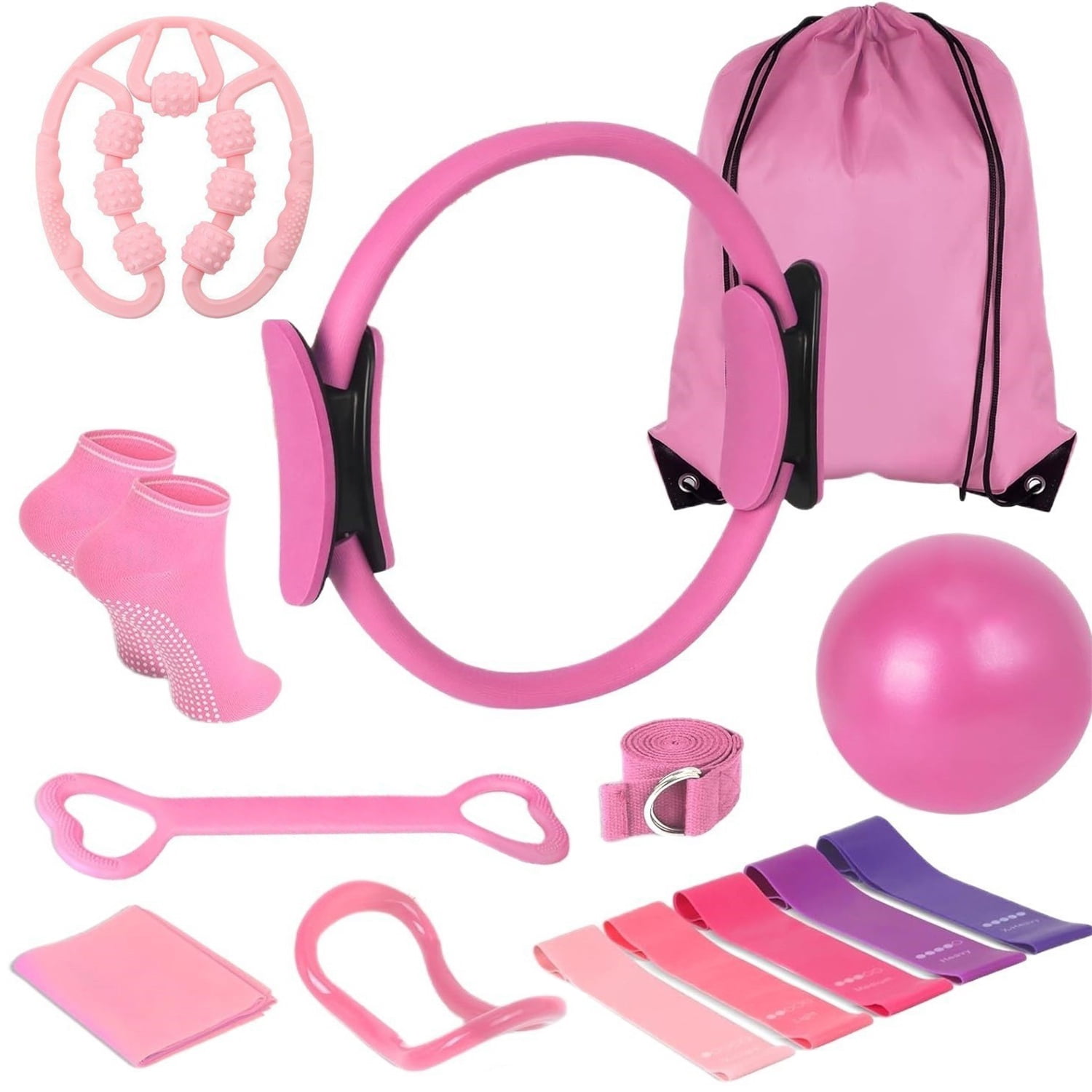 Behome 14PCS Pilates Kit for Women, Home Workout Pilates Equipment with Pilates Ring and Ball, 5 Resistance Bands & Grip Socks, Pilates Set for Strength Training and Toning