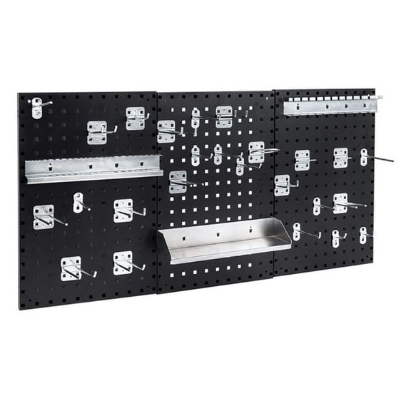 Pegboard Kit 3-Pack, Wall Mounted Garage Organizer - Metal Peg Board for Tools, Workshop, Shed - 48"x23.5", 28 Accessories - Hooks, Shelves, Drill Holder - Black/Navy
