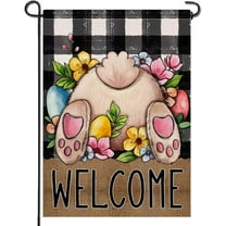 Welcome Easter Bunny Rabbit Small Decorative Garden Flag, Egg Flowers Farmhouse Yard Lawn Outside Decor, Spring Buffalo Plaid Check Burlap Outdoor Home Decoration Double Sided 12 x 18