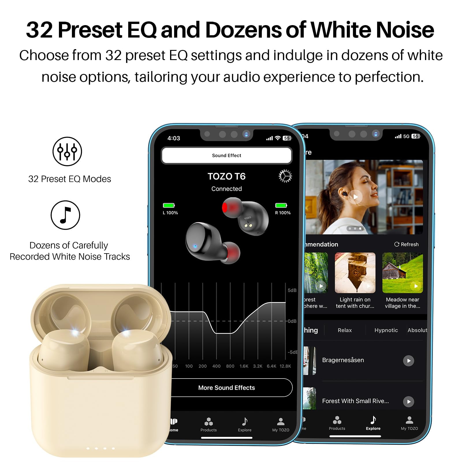 TOZO T6 Earbuds Bluetooth Headphones Bluetooth, 50H, AI Chat/Translation/Clear Mics, Stereo Bass, Wireless Charging, App-32EQ, IPX8 Waterproof Headphones, Champagne