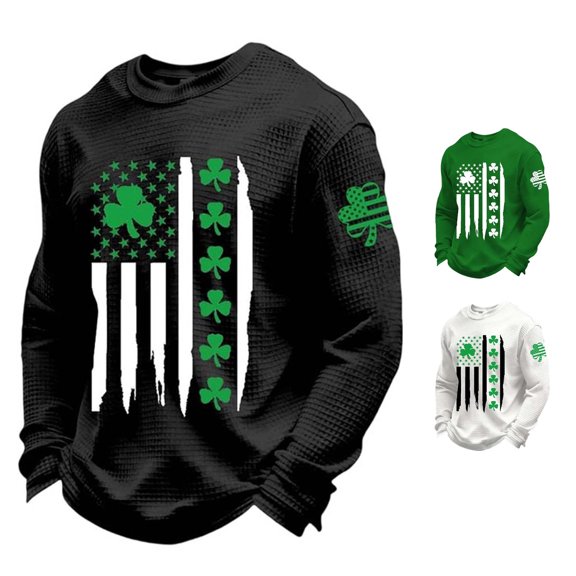 XIAONU Shamrock Flag Print Crew Neck Pullover T-Shirt for Men Long Sleeve Regular Fit St Patricks Day Casual Top