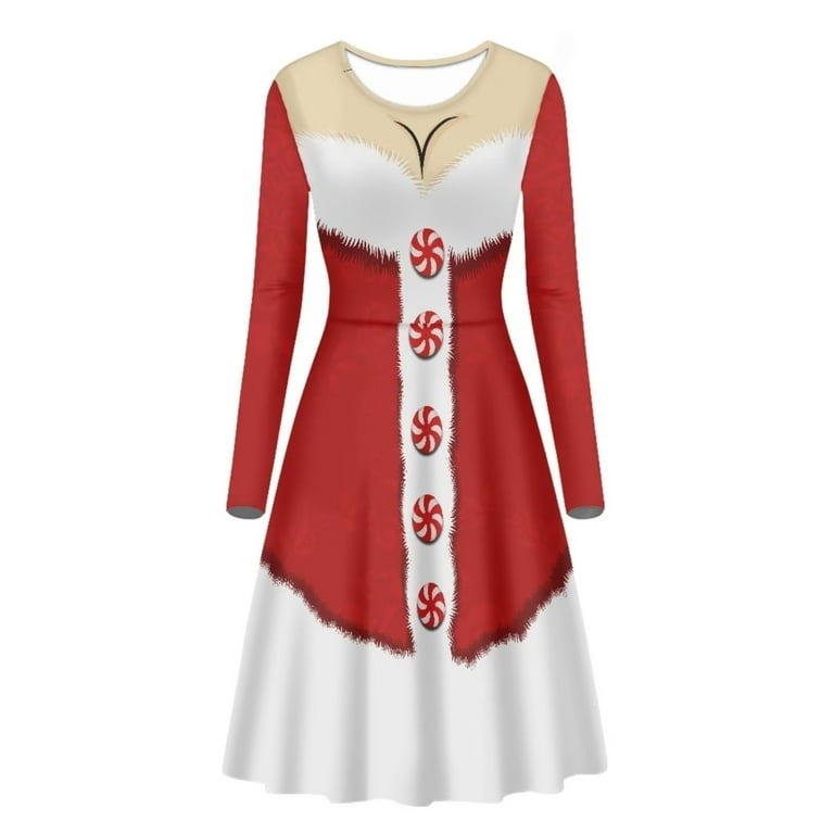 Binienty Funny Christmas Dress for Women Dressy Xmas Pattern Party Wear for Special Occasions Holiday Crew Neck Knee Length Ugly A line Dress All