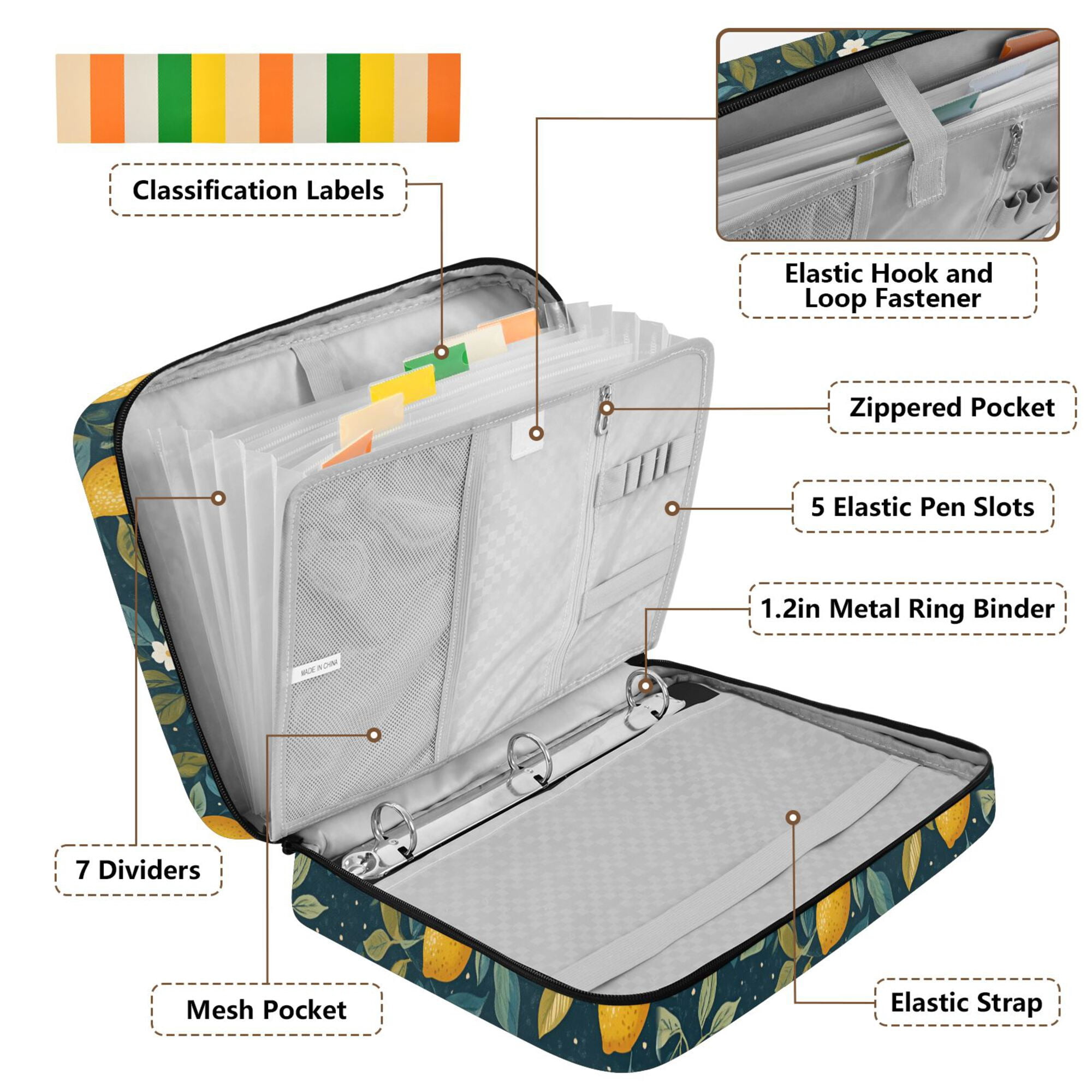 FORMRS Accordion File Folder A4 Size 7-Pocket Expanding Document Organizer Bag with 3 Ring Binder, Blue Lemons