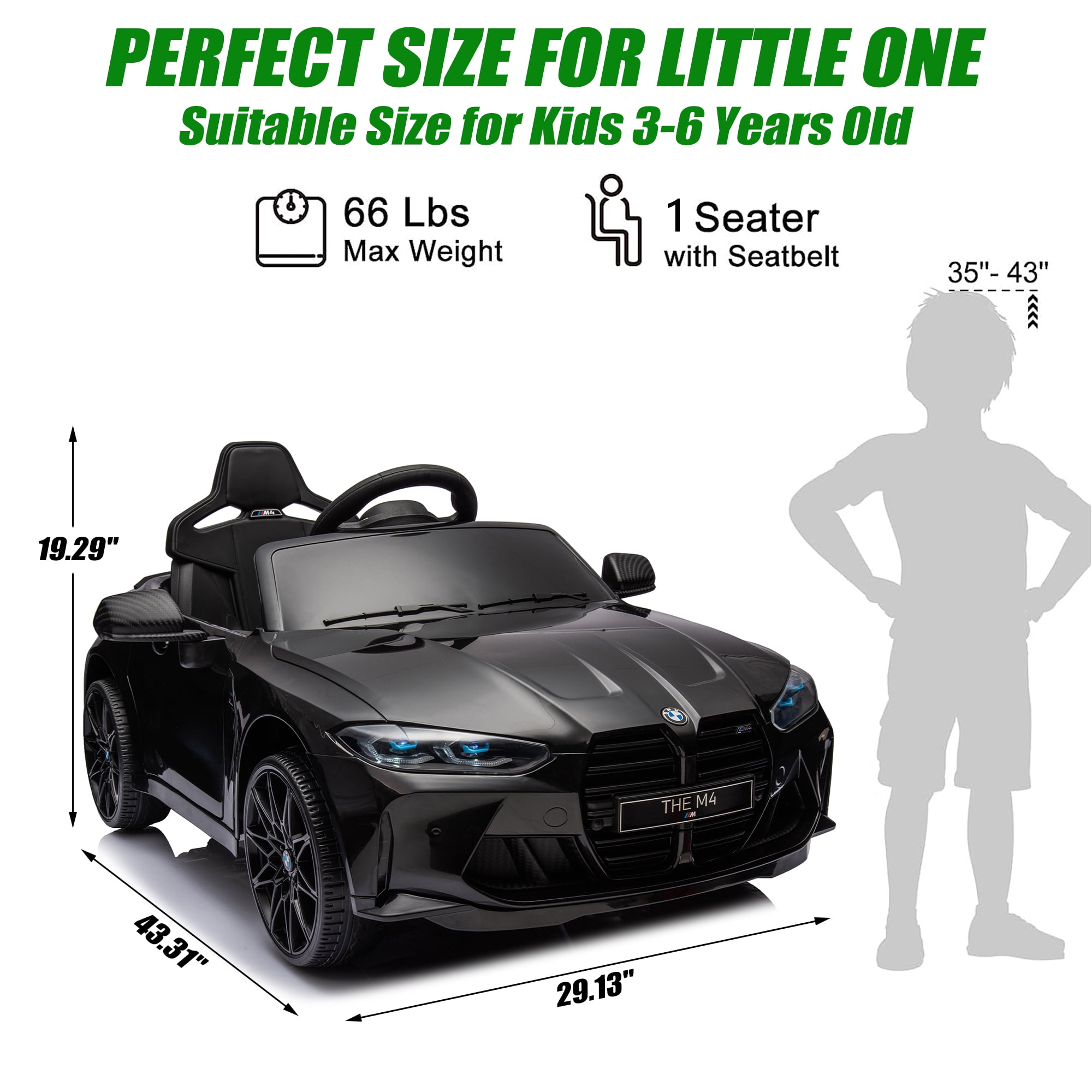 12V Ride on Cars with Remote Control, Licensed BMW M4 Battery Powered Ride on Toys for Kids Boys Girls Gifts, Kids Electric Cars Vehicle with Music, Bluetooth, Story, USB/MP3 Port, LED Light, Black